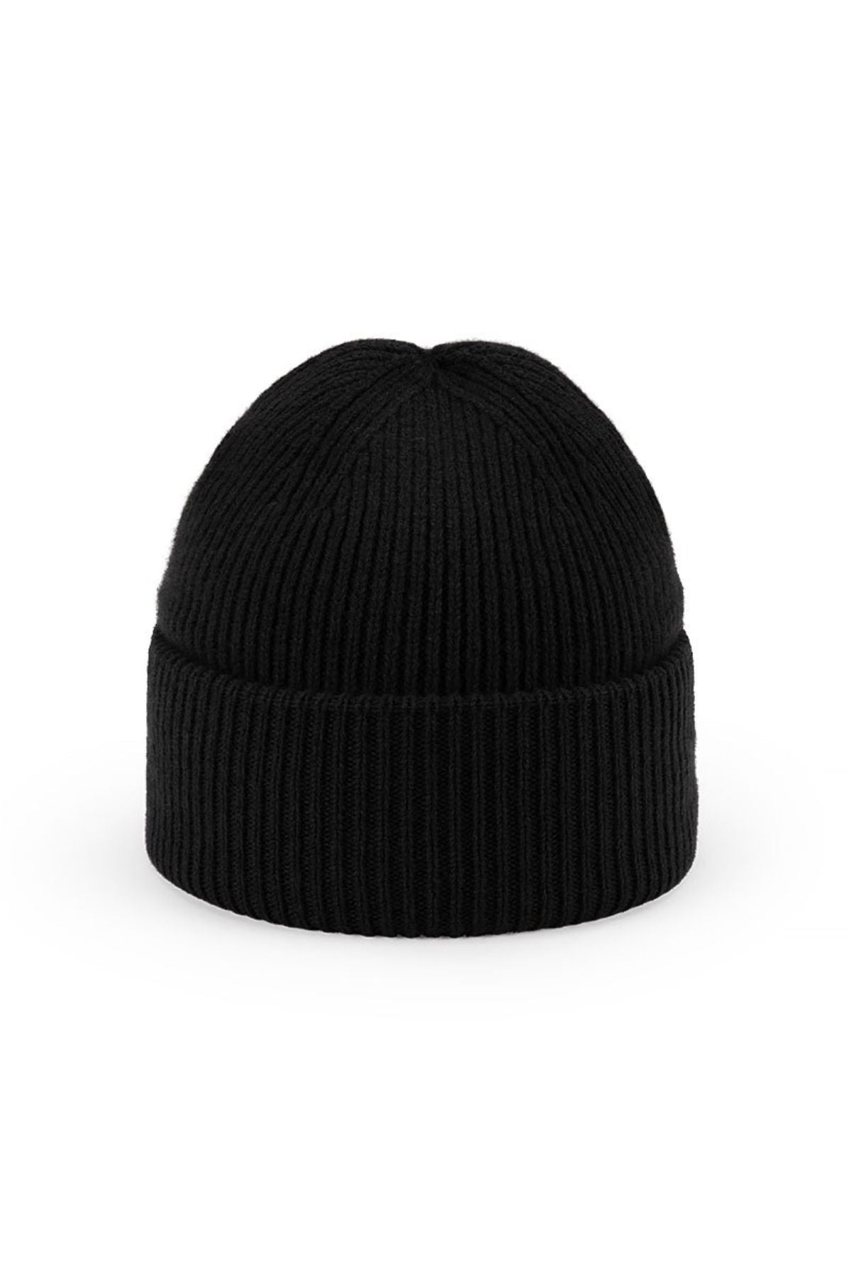 The Avenel Sullivan Australian Wool Rib Knit Beanie is a plain black beanie with a folded brim, crafted from premium Australian wool and shown on a white background for warmth and style.