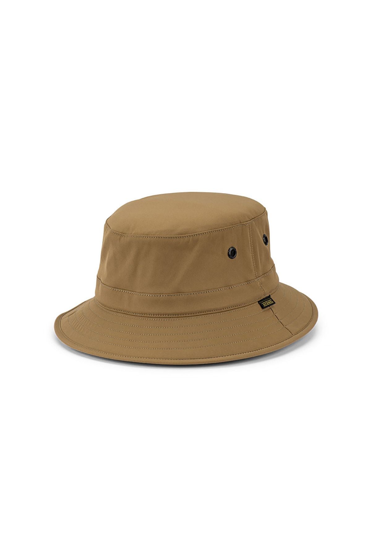 The Avenel Summit Soft Shell Bucket Hat, in tan with a wide, downward-sloping brim, visible stitching, and two ventilation eyelets on each side, is shown against a plain white background.