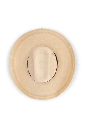 The Avenel The Chuck Wagon Guatemalan Palm Leaf Mexican Western Hat features a wide brim and beige palm leaf, viewed from above on a white background, highlighting authentic Mexican craftsmanship.