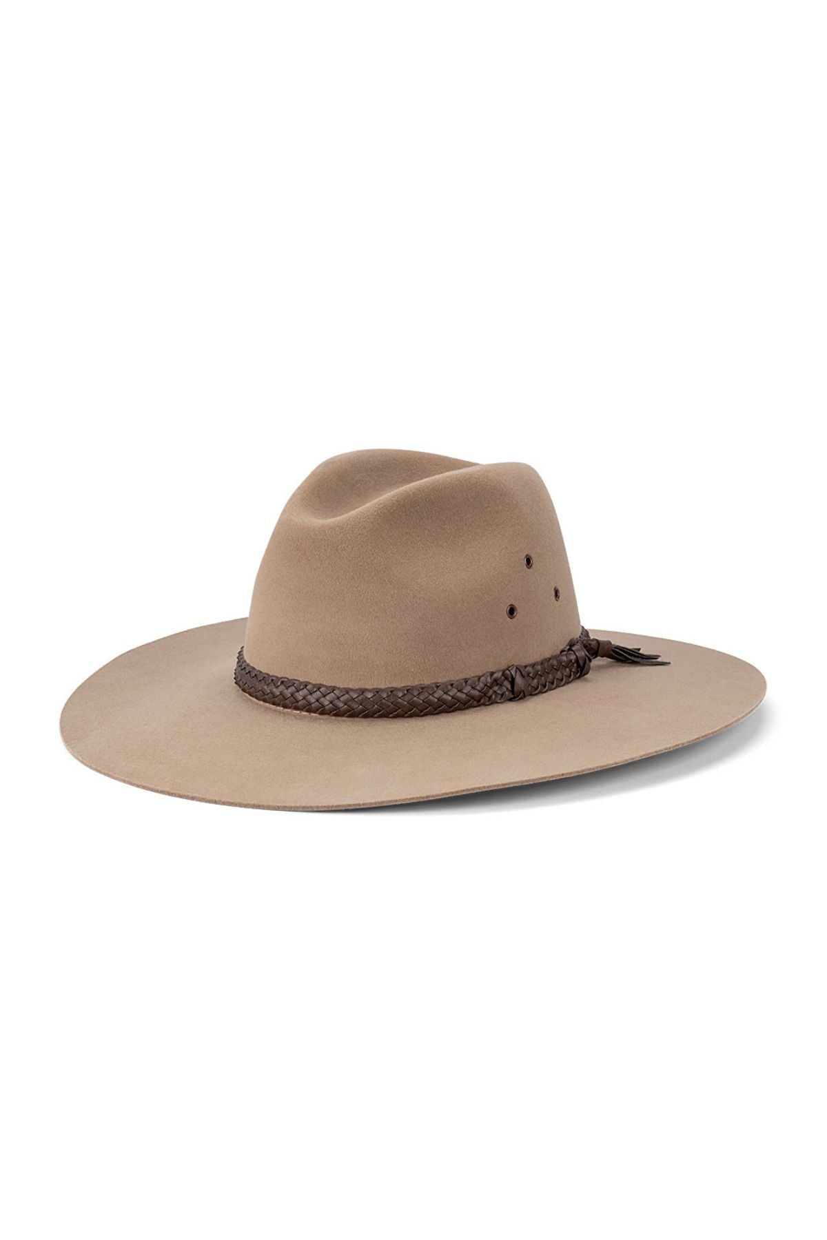 The Avenel The Overflow Fur Felt Hat features a wide brim, light brown fur felt, a creased crown, and a dark brown braided leather band, shown on a white background.