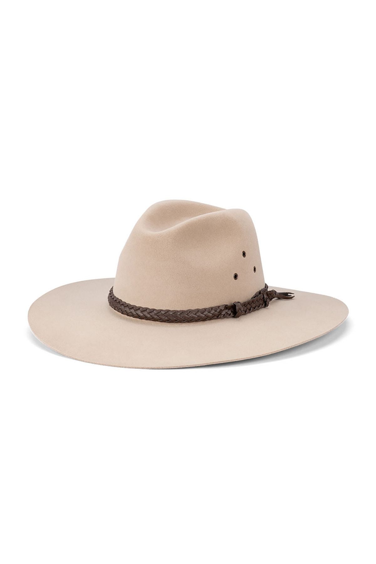 The Avenel The Overflow Fur Felt Hat is a beige wide-brim hat made from fur felt, with a dark braided leather band and small ventilation holes on the side.