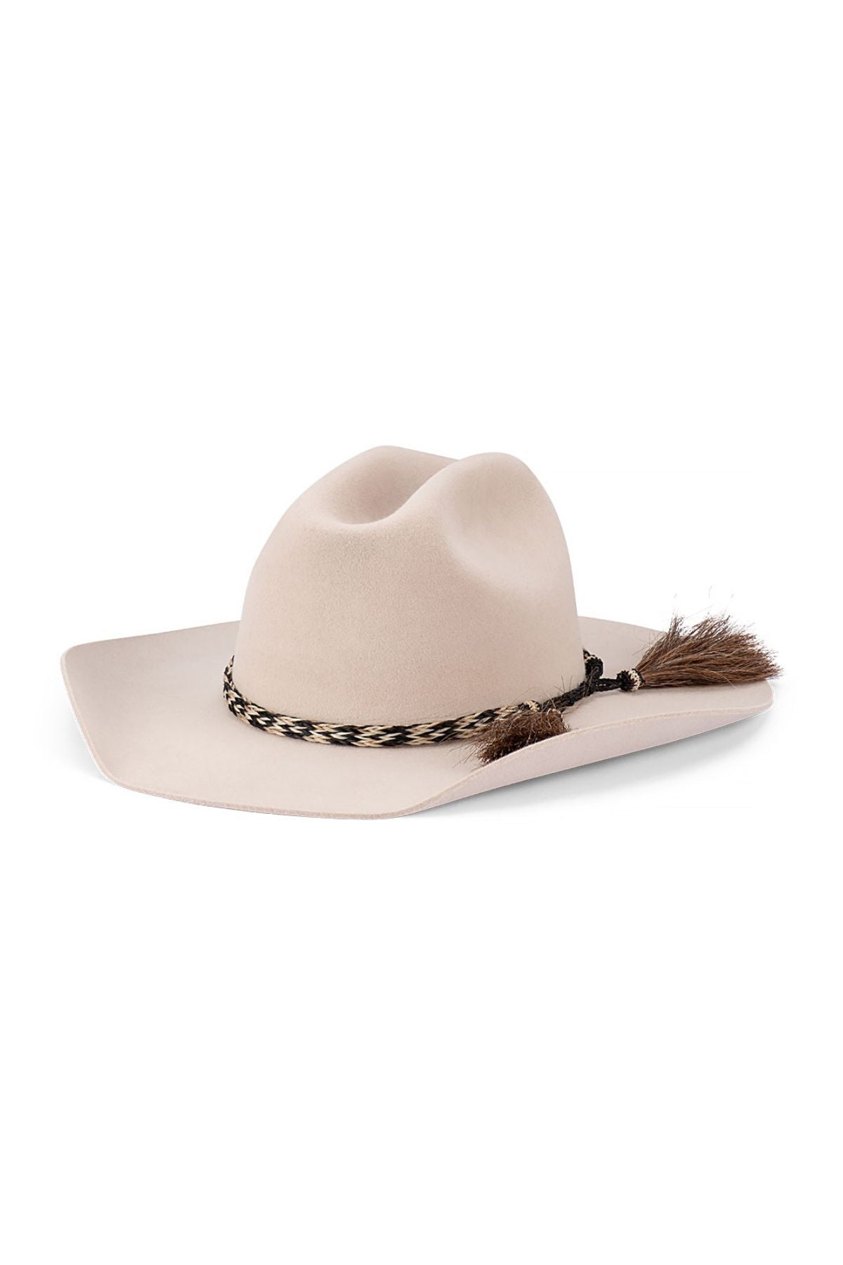 The Avenel The Pickup Rider Fur Felt Hat is a light beige, wide-brimmed hat with a decorative braided band and tassel, shown against a white background.
