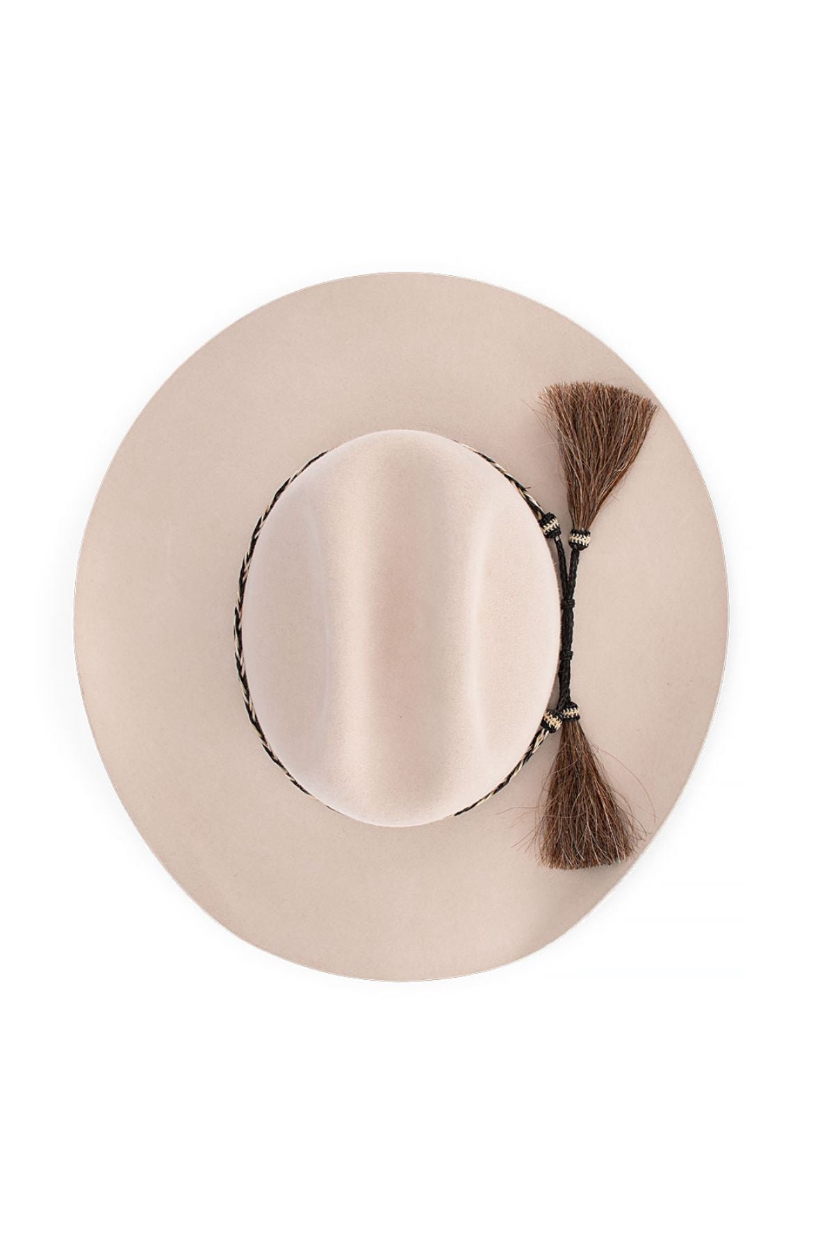 The Avenel The Pickup Rider Fur Felt Hat is a beige wide brim hat, seen from above, with a braided band and two decorative brown tassels on one side.