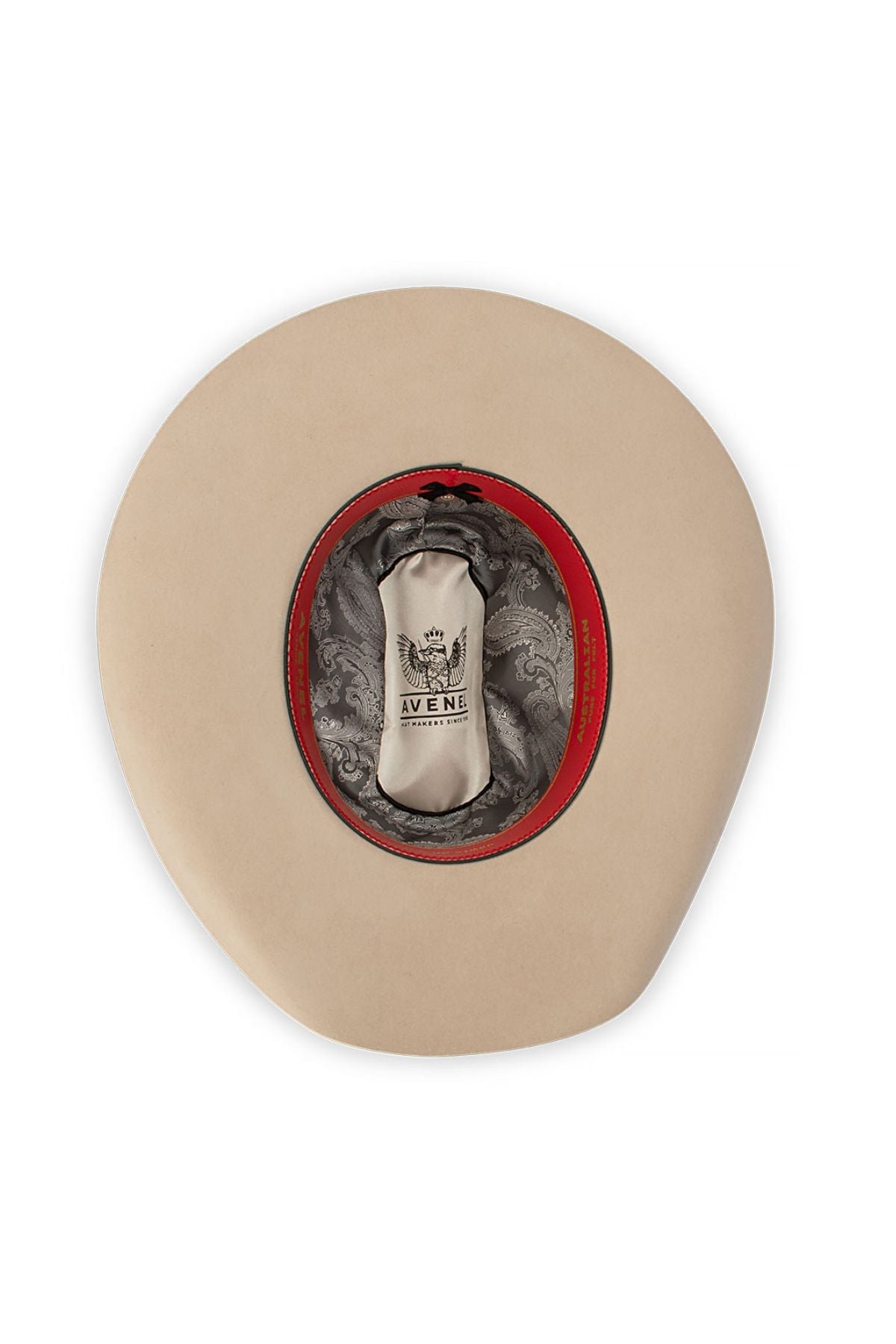 The Avenel The Pickup Rider Fur Felt Hat features a beige wide brim, seen from above to show its inside lining with a decorative gray pattern, a red rim, and a central white label marked "Avene.