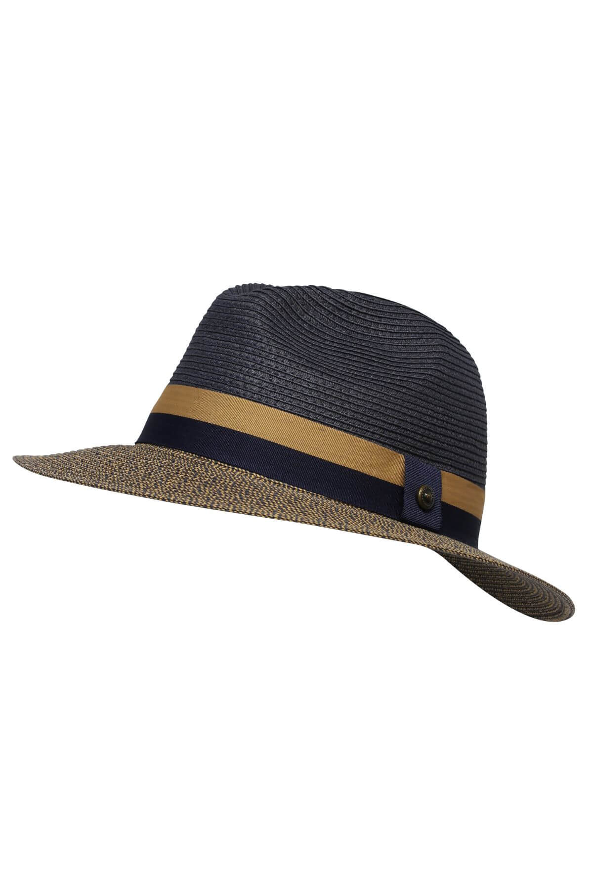 The Avenel Two Tone Braided Safari is a chic black fedora with a beige ribbon, wide brim, subtle pattern, and textured crown. Made from natural fibers for comfort, this stylish hat offers sun protection.