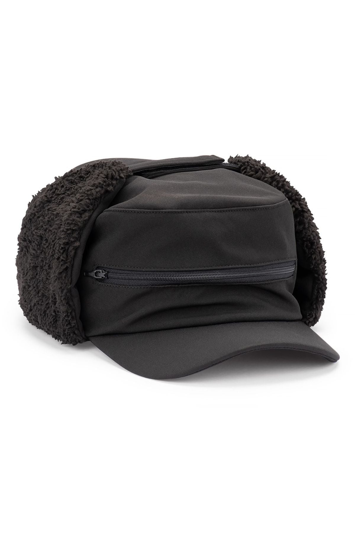 The Avenel Wendell Soft Shell Thinsulate Tractor Cap is a black, water-resistant winter hat with a flat bill, zippered front pocket, faux fur-lined ear flaps, and Thinsulate layer for warmth and all-weather function.