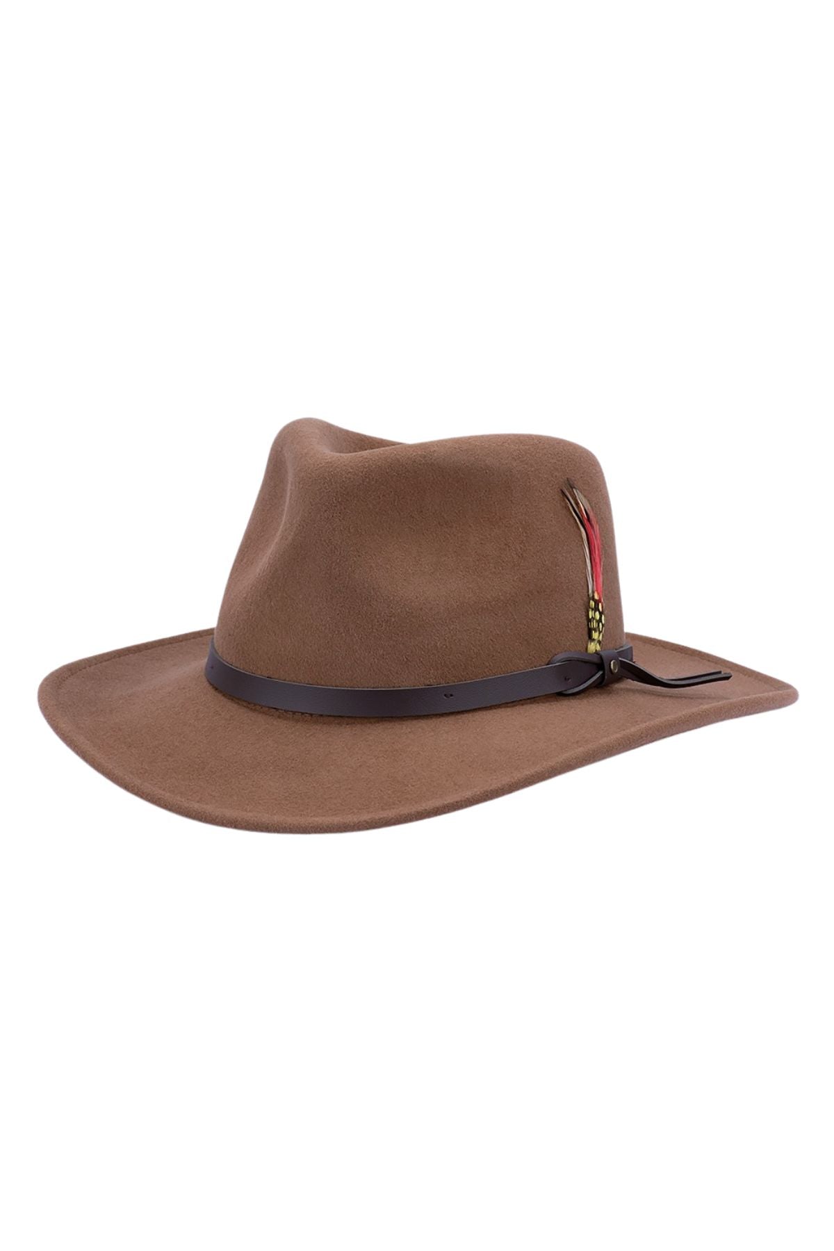 The Avenel Ziggy Crushable Water Repellent Wool Felt Outback Hat is brown, features a wide brim, dark leather band, and a small decorative feather on the side.