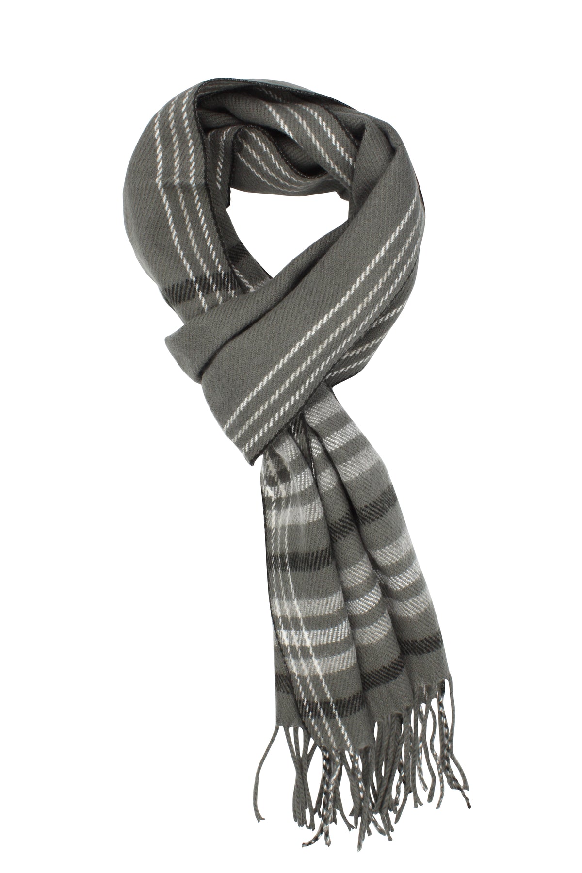 The Avenel Acrylic Check Scarf in gray showcases white and black striped patterns, with varying stripe thicknesses and fringe detailing at the ends.