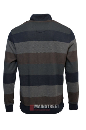 The Back Bay Block Stripe 1/2 Zip Fleece features wide navy, brown, and gray stripes, ribbed waistband and cuffs—an ideal winter wardrobe addition. Shown from the back with long sleeves for comfort and style.