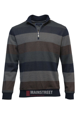 The Back Bay Block Stripe 1/2 Zip Fleece is a long-sleeve pullover in navy, gray, and brown with a raised collar and ribbed cuffs—perfect for your winter wardrobe.