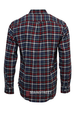 The Back Bay Brushed Cotton Check Shirt is a long-sleeved, button-up shirt featuring a red, navy, and white plaid pattern in soft brushed cotton. "MAINSTREET" is printed near the bottom hem for a cozy, classic winter look.