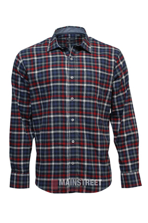 The Back Bay Brushed Cotton Check Shirt is a long-sleeve winter shirt with a red, navy blue, white, and green plaid pattern. Made of soft brushed cotton, it features a classic collar and white front buttons.