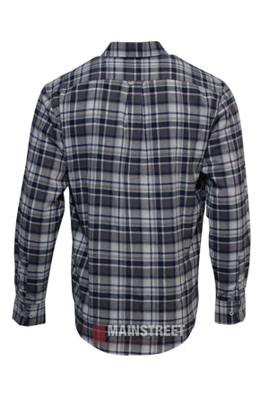 The Back Bay Brushed Cotton Check Shirt is a long-sleeve flannel with button cuffs and a blue, white, and gray plaid pattern, shown from the back.