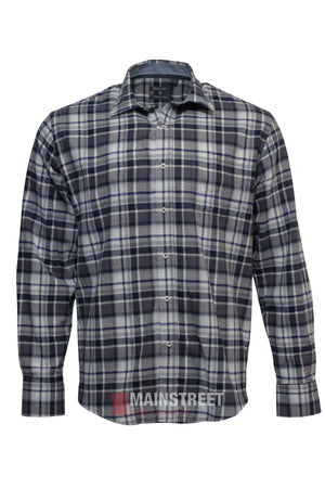 The Back Bay Brushed Cotton Check Shirt features a navy blue, gray, and white plaid pattern, crafted from soft cotton flannel. Shown on a white background with the "MAINSTREET" label visible near the hem—ideal for cozy winter wear.