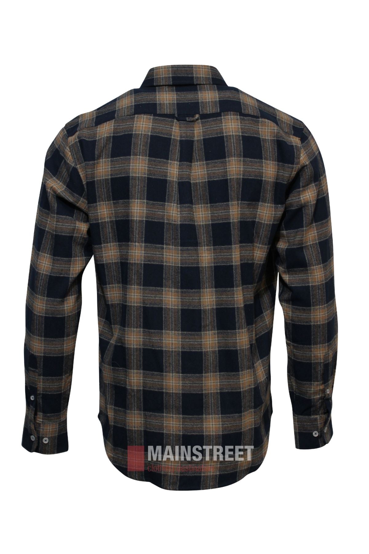 Back view of the Back Bay Brushed Cotton Check Shirt, a long-sleeve flannel with a black, brown, and beige plaid pattern. The shirt is laid flat with extended sleeves, highlighting the back and cuffs.