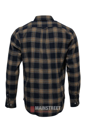 Back view of the Back Bay Brushed Cotton Check Shirt, a long-sleeve flannel with a black, brown, and beige plaid pattern. The shirt is laid flat with extended sleeves, highlighting the back and cuffs.