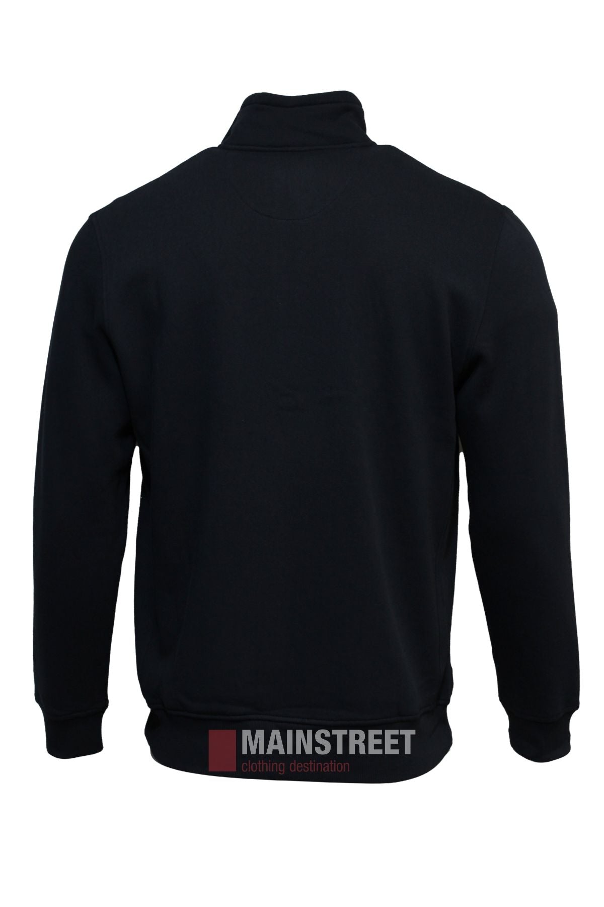 The Back Bay Brushed Fleece Full Zip is a plain black, long-sleeved jacket with a high collar, ribbed cuffs and waistband, shown from the back. Image features a "MAINSTREET clothing destination" watermark at the bottom.