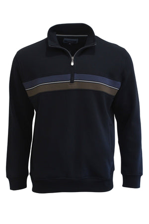 The Back Bay Brushed Panel Fleece is a black long-sleeve 1/4 zip pullover with a stand collar and blue and olive chest stripes, ideal as a layering fleece for cool weather comfort.