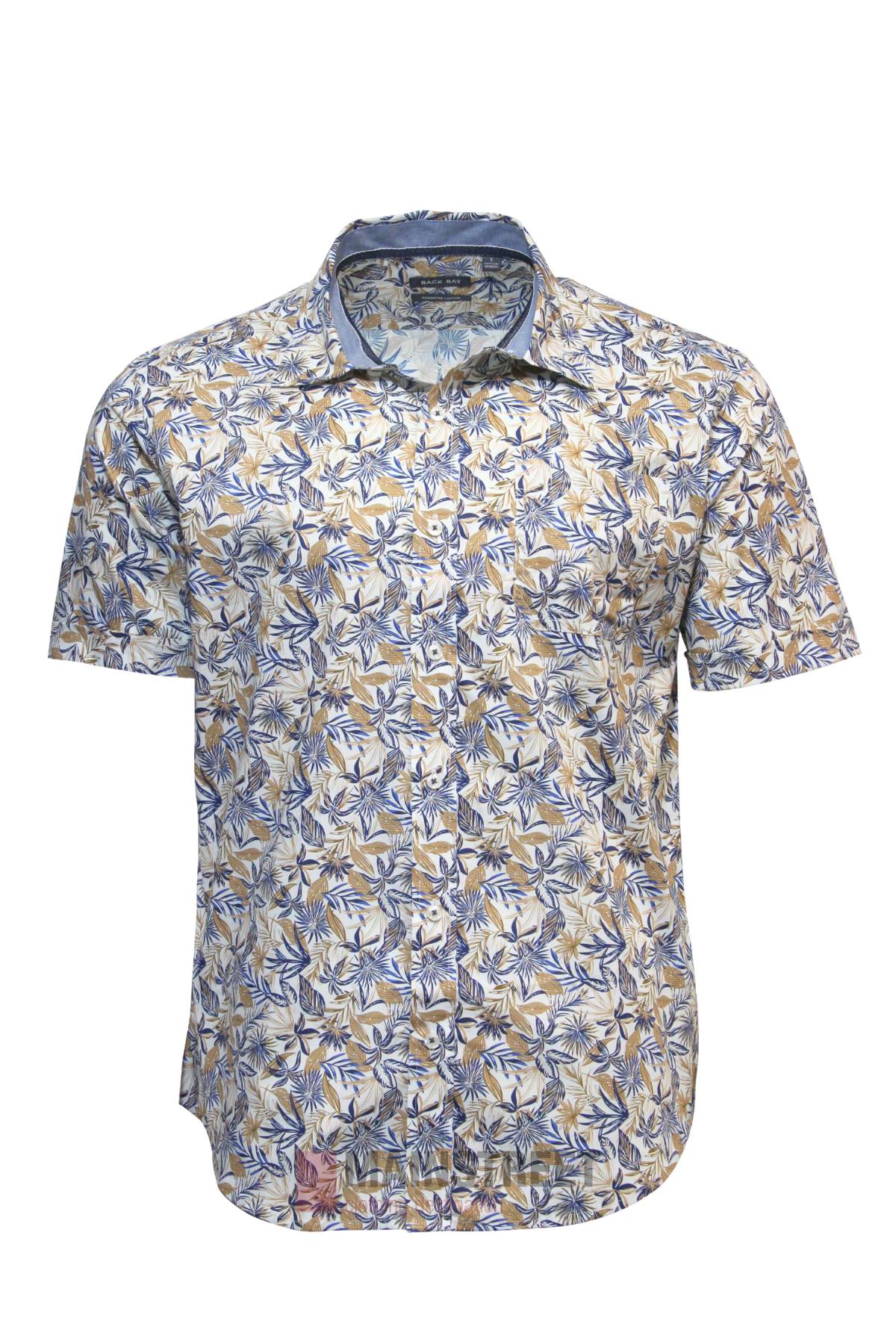 The Back Bay Cotton Printed Short Sleeve Shirt features a stretch cotton fabric with an all-over floral pattern in blue, beige, and white, a classic collar, button-up front, and a slightly curved hem for comfortable casual style.