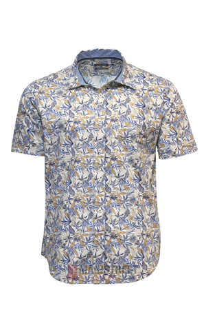 The Back Bay Cotton Printed Short Sleeve Shirt features a stretch cotton fabric with an all-over floral pattern in blue, beige, and white, a classic collar, button-up front, and a slightly curved hem for comfortable casual style.