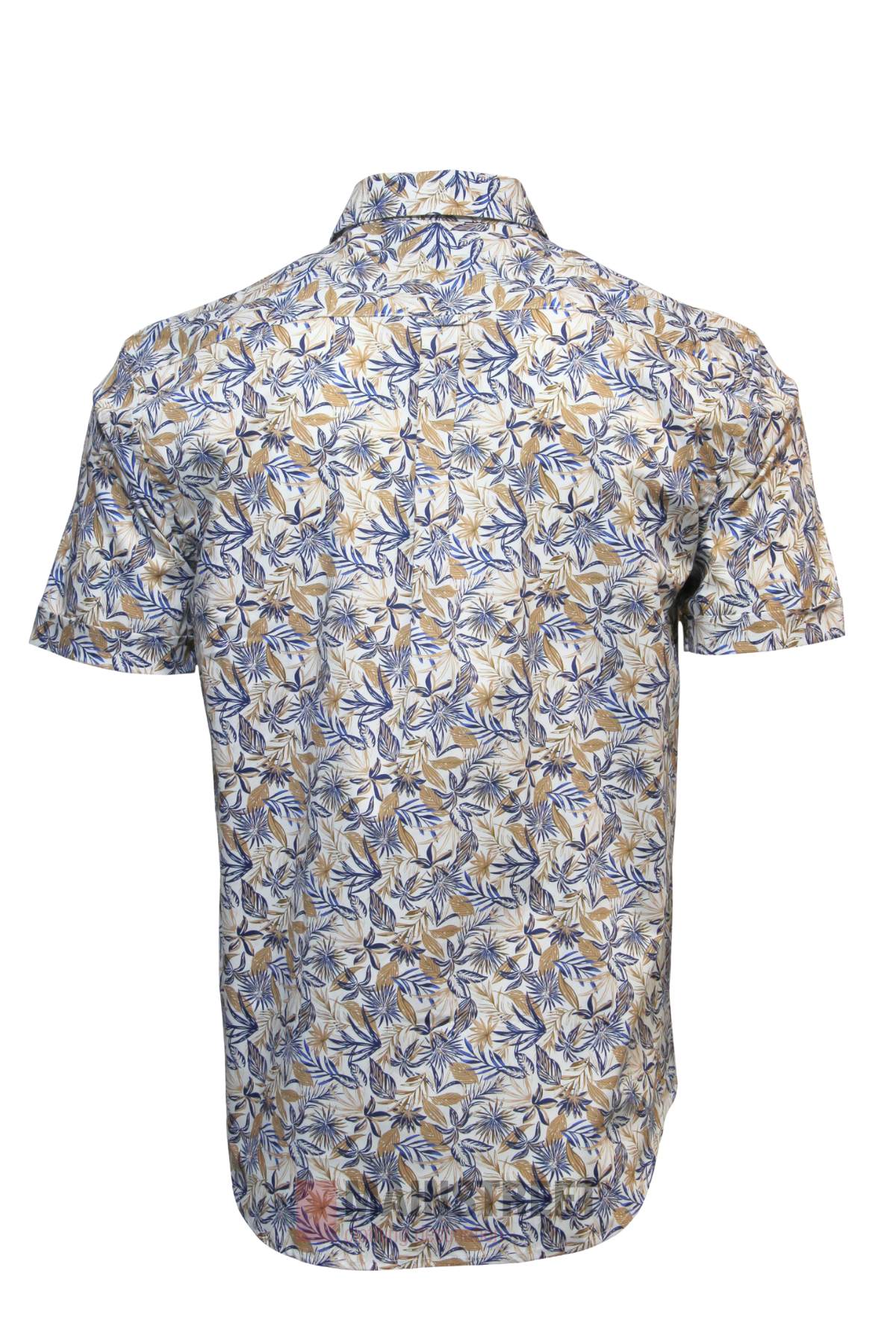 Back view of the Back Bay Cotton Printed Short Sleeve Shirt for men, showcasing a blue and beige tropical leaf print on white. Features a collar, tailored fit, button front, and short sleeves for easy style.