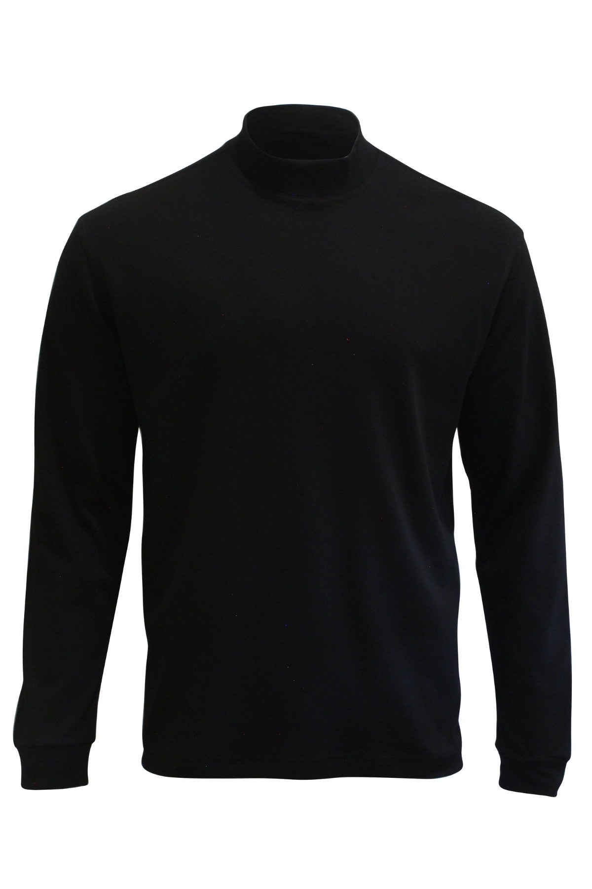 The Back Bay Fine Interlock Mock Skivvy is a plain black long-sleeve turtleneck shirt made from a cotton-polyester blend, ideal as a versatile base layer, shown on a white background with no visible logos or designs.