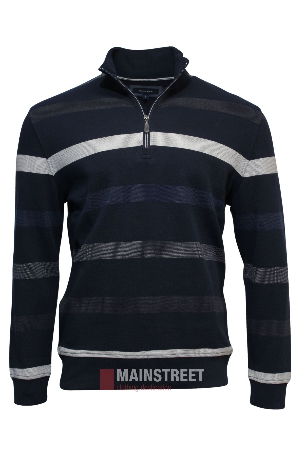 The Back Bay French Rib Stripe Fleece is a navy blue quarter-zip sweater with long sleeves, featuring stylish blue, gray, and white stripes. With ribbed cuffs and hem, it's a must-have for your winter wardrobe.