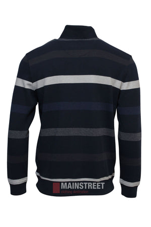 The Back Bay French Rib Stripe Fleece is a long-sleeve, dark sweater featuring grey, blue, and white stripes with a cozy fleece texture. Shown from the back on a plain white background—ideal for winter wear.