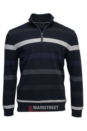 The Back Bay French Rib Stripe Fleece is a navy blue quarter-zip sweater with long sleeves, featuring stylish blue, gray, and white stripes. With ribbed cuffs and hem, it's a must-have for your winter wardrobe.
