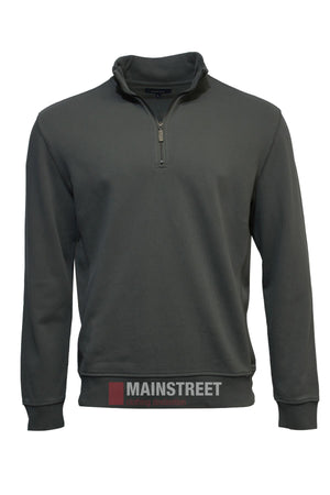 The Back Bay Garment Dyed 1/4 Zip Fleece is a men's long-sleeve, dark gray sweatshirt with a stand-up collar, displayed on a white background. The MAINSTREET logo is visible near the bottom center of the image.