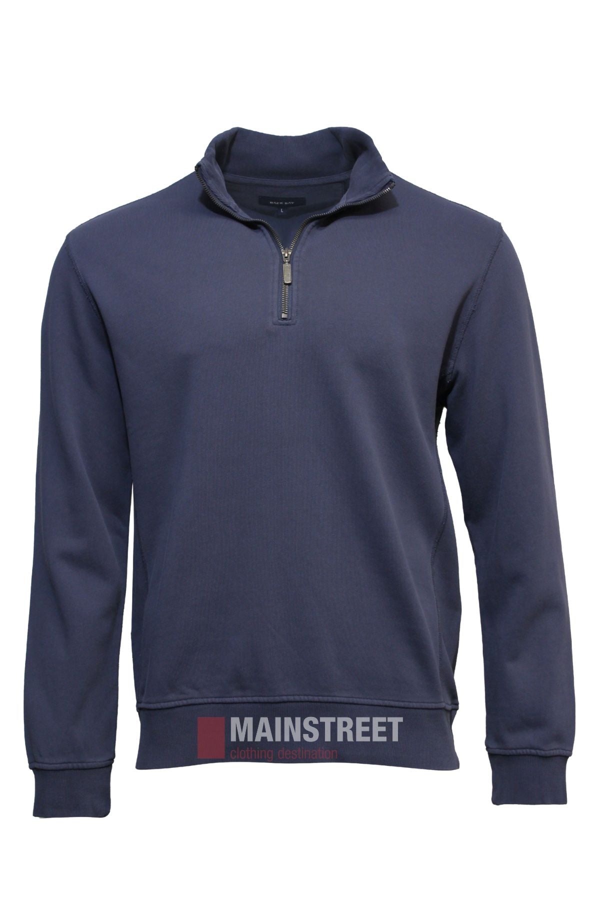 The Back Bay Garment Dyed 1/4 Zip Fleece in navy blue features long sleeves and a stand-up collar, shown on a plain white background with the MAINSTREET logo overlaid at the bottom center.