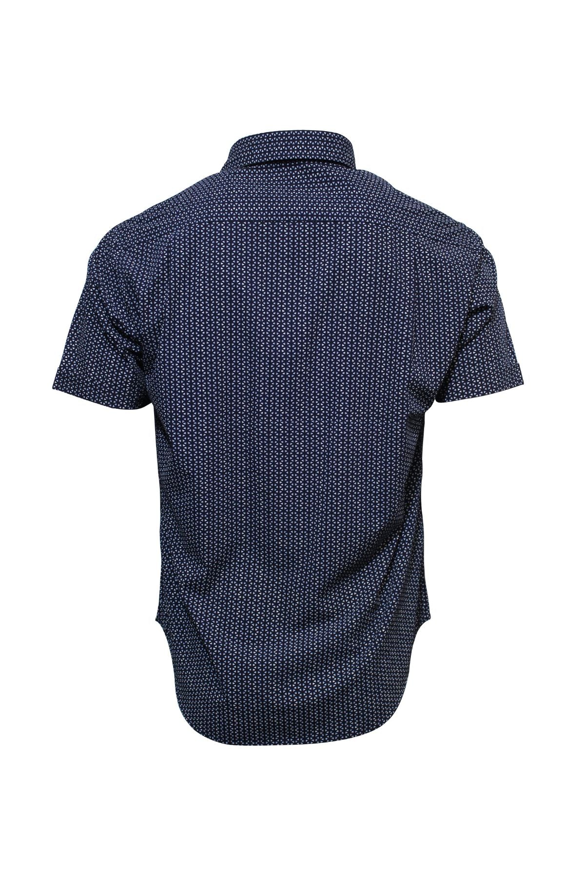 Back view of the Back Bay Bamboo Soft Touch Print Short Sleeve Shirt in navy blue with a small white geometric dotted pattern, short sleeves, and a comfy polyester-cotton blend, displayed on a plain white background.