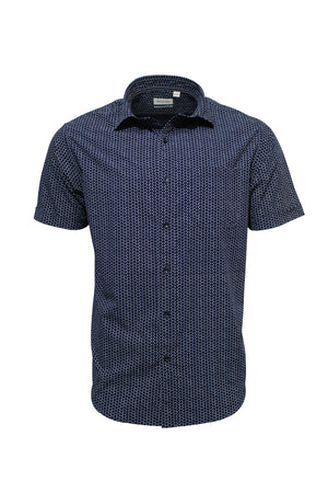 The Back Bay Bamboo Soft Touch Print Short Sleeve Shirt is a men's navy blue button-up with a small white geometric pattern, made from a polyester-cotton blend and shown on a plain white background.