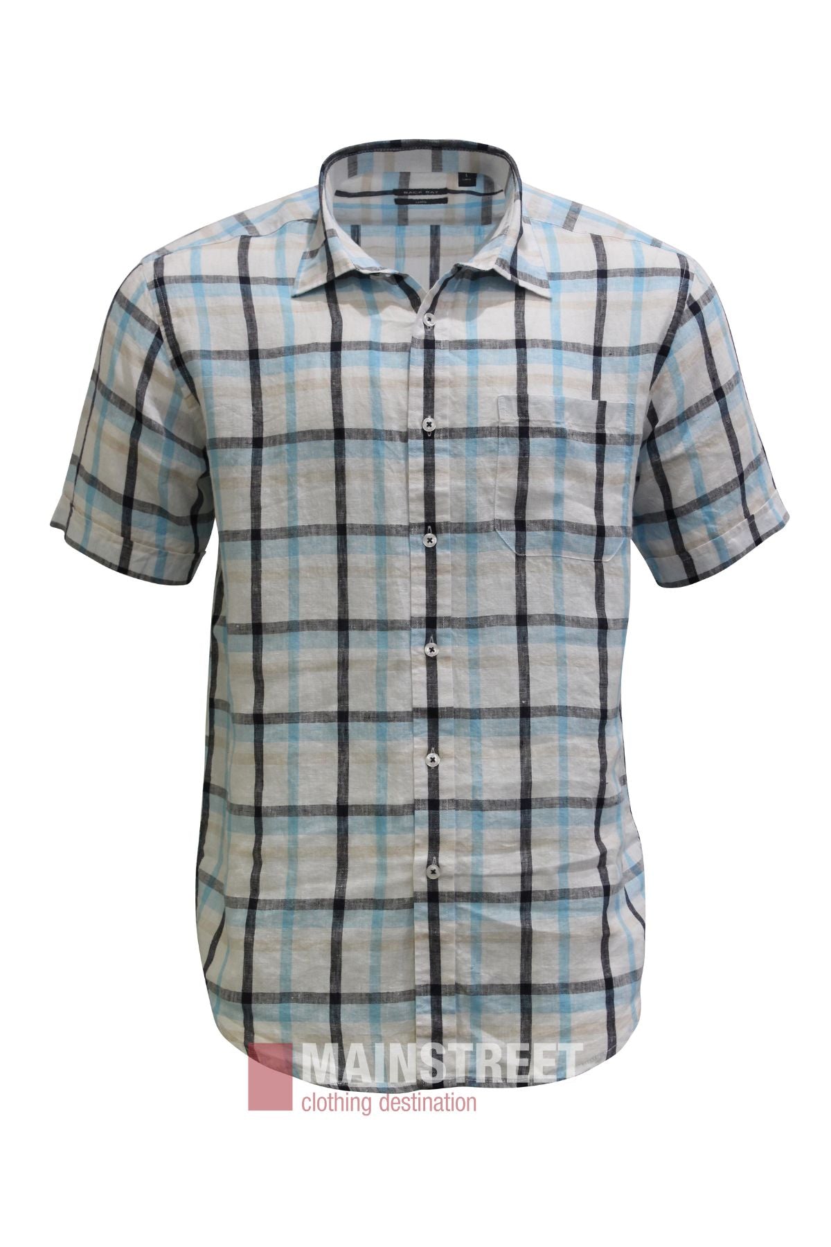 Back Bay Linen Check Short Sleeve Shirt – This short-sleeved button-up features a blue, black, and gray plaid pattern crafted from breathable linen. Designed with a single chest pocket and classic collar. The “Mainstreet clothing destination” logo appears at the bottom of the image.