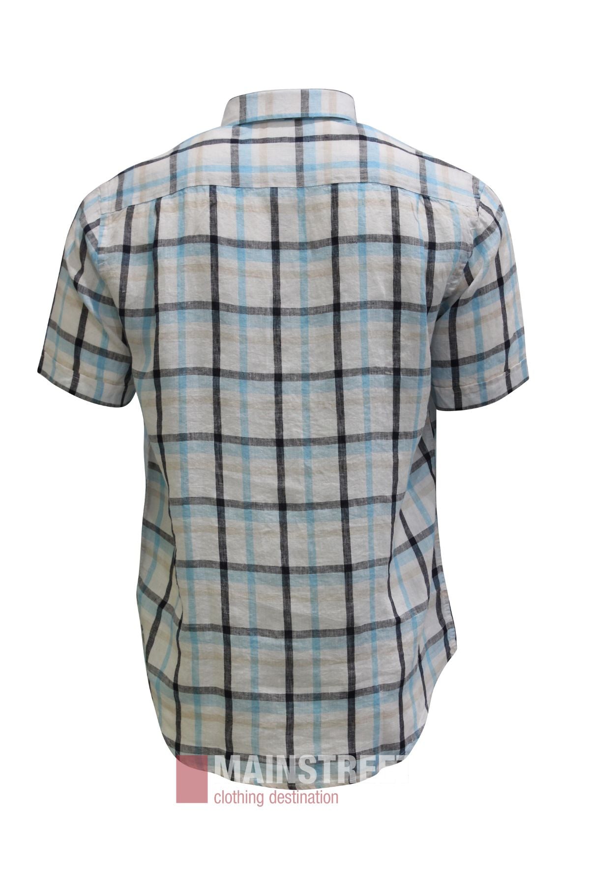 A casual Back Bay Linen Check Short Sleeve Shirt featuring short sleeves and a white base with a blue and black plaid pattern, displayed from the back. The “MAINSTREET clothing destination” logo appears at the bottom, highlighting this breathable linen shirt’s comfortable style.