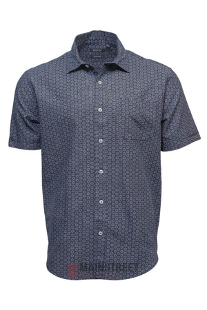 The Back Bay Linen Print Short Sleeve Shirt for men features a blue and white geometric pattern, collar, and single chest pocket—making it a lightweight, stylish go-to summer shirt.