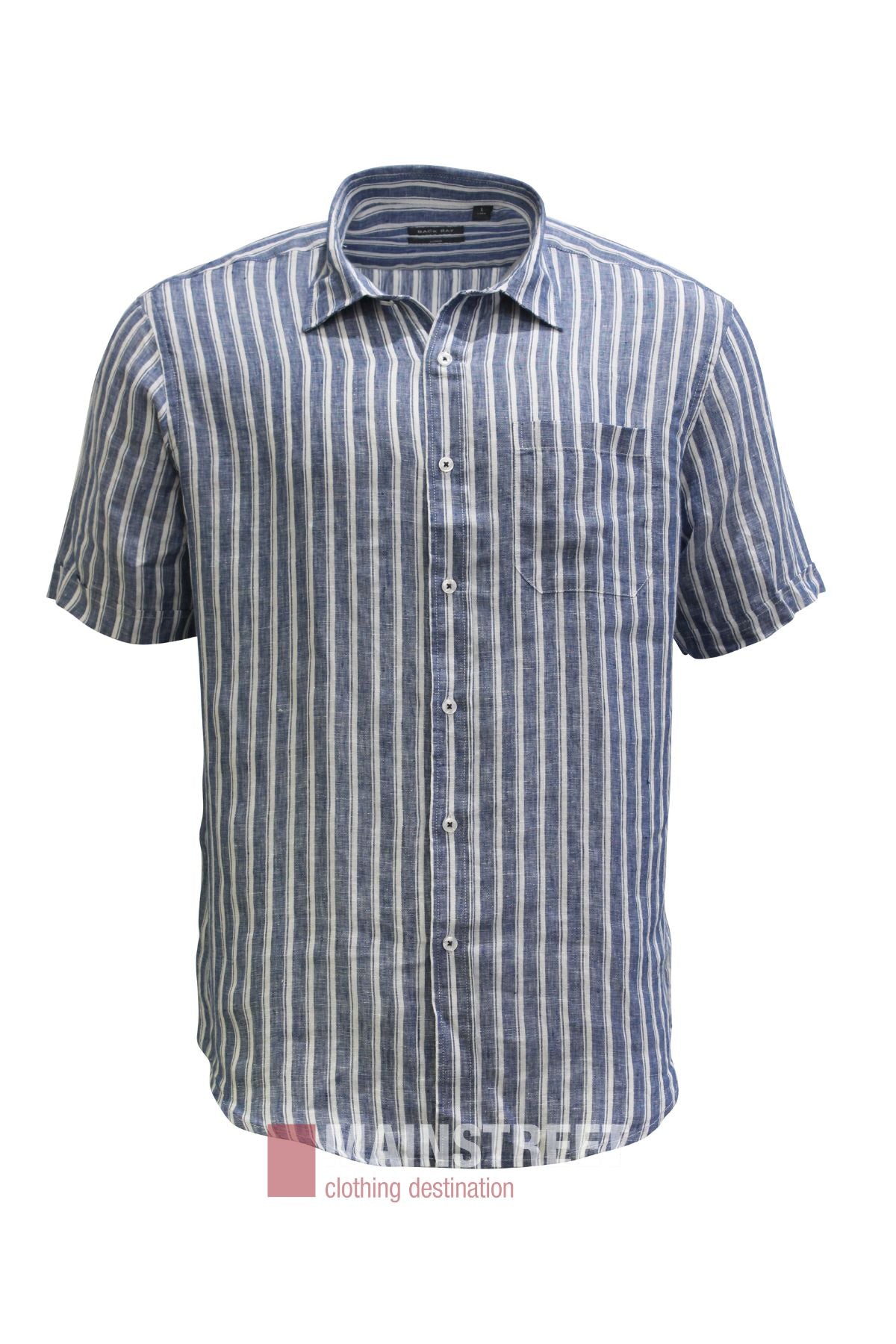 The Back Bay Linen Stripe Short Sleeve Shirt is a casual linen shirt with short sleeves, a button-up front, vertical blue and white stripes, and a single chest pocket, shown against a plain white background.