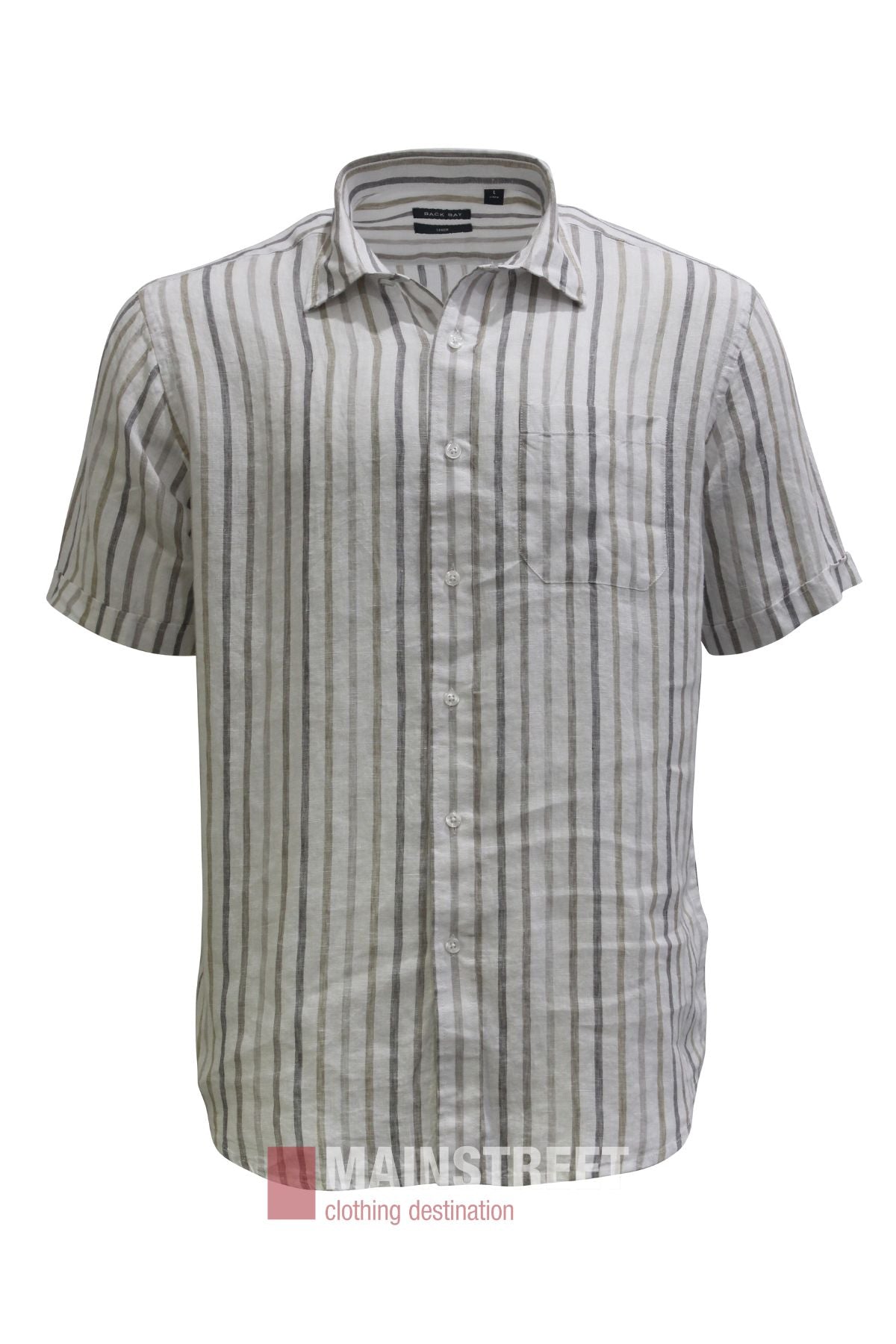 The Back Bay Linen Stripe Short Sleeve Shirt features short sleeves, a button-up front, vertical beige and white stripes, a left chest pocket, and a visible collar. Made from lightweight and breathable linen, this shirt is displayed on a plain white background.