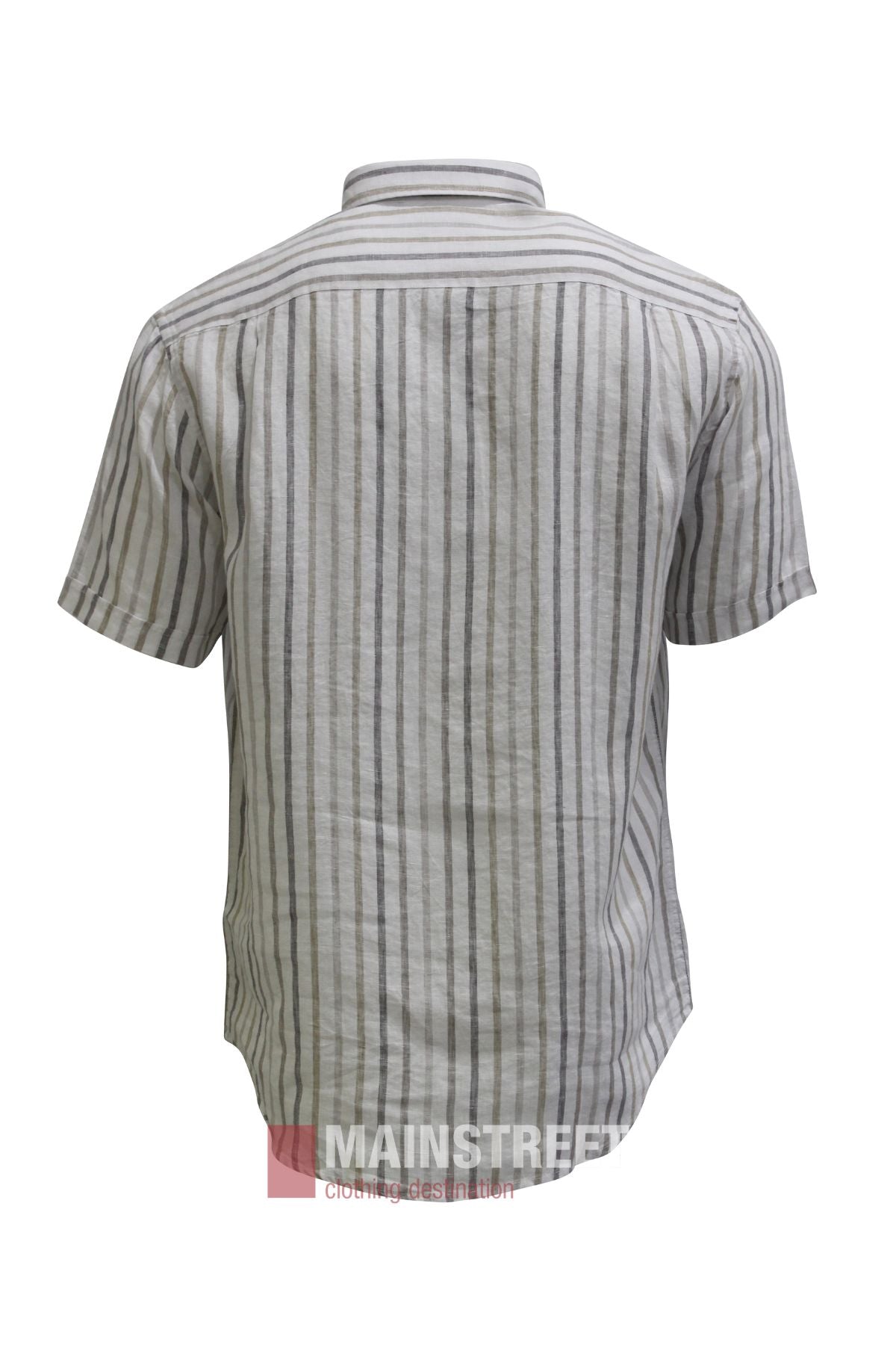 The Back Bay Linen Stripe Short Sleeve Shirt is displayed from the back against a white background. Featuring gray and white vertical stripes, this short-sleeved button-up shirt is crafted from lightweight linen with a classic collar and slightly curved hem, providing a breathable style ideal for casual wear.