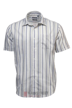 The Back Bay Linen Stripe Short Sleeve Shirt features vertical white, grey, and blue stripes, a chest pocket, and collar—ideal for refreshing your summer wardrobe. Shown on a plain background.