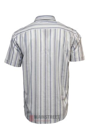 The Back Bay Linen Stripe Short Sleeve Shirt features vertical gray, white, and blue stripes and a button-up design. Shown from the back on a white background, it’s neatly pressed—ideal for any summer wardrobe.