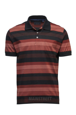 The Back Bay Mercerised Cotton Block Stripe Polo is a men's short sleeve shirt with horizontal maroon and black stripes, a black collar, three-button placket, and chest pocket, crafted from premium mercerised cotton.