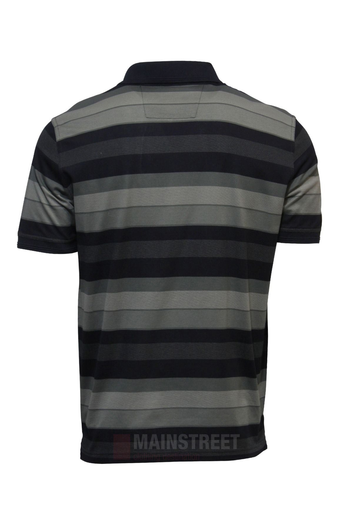 Back view of the Back Bay Mercerised Cotton Block Stripe Polo, a men's shirt with alternating horizontal black and gray stripes, classic collar, and crafted from premium mercerised cotton. No visible logos or designs.