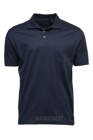 The Back Bay Mercerised Cotton Plain Polo is a navy blue short-sleeve shirt with a collar, two buttons, and a chest pocket, shown on a white background.