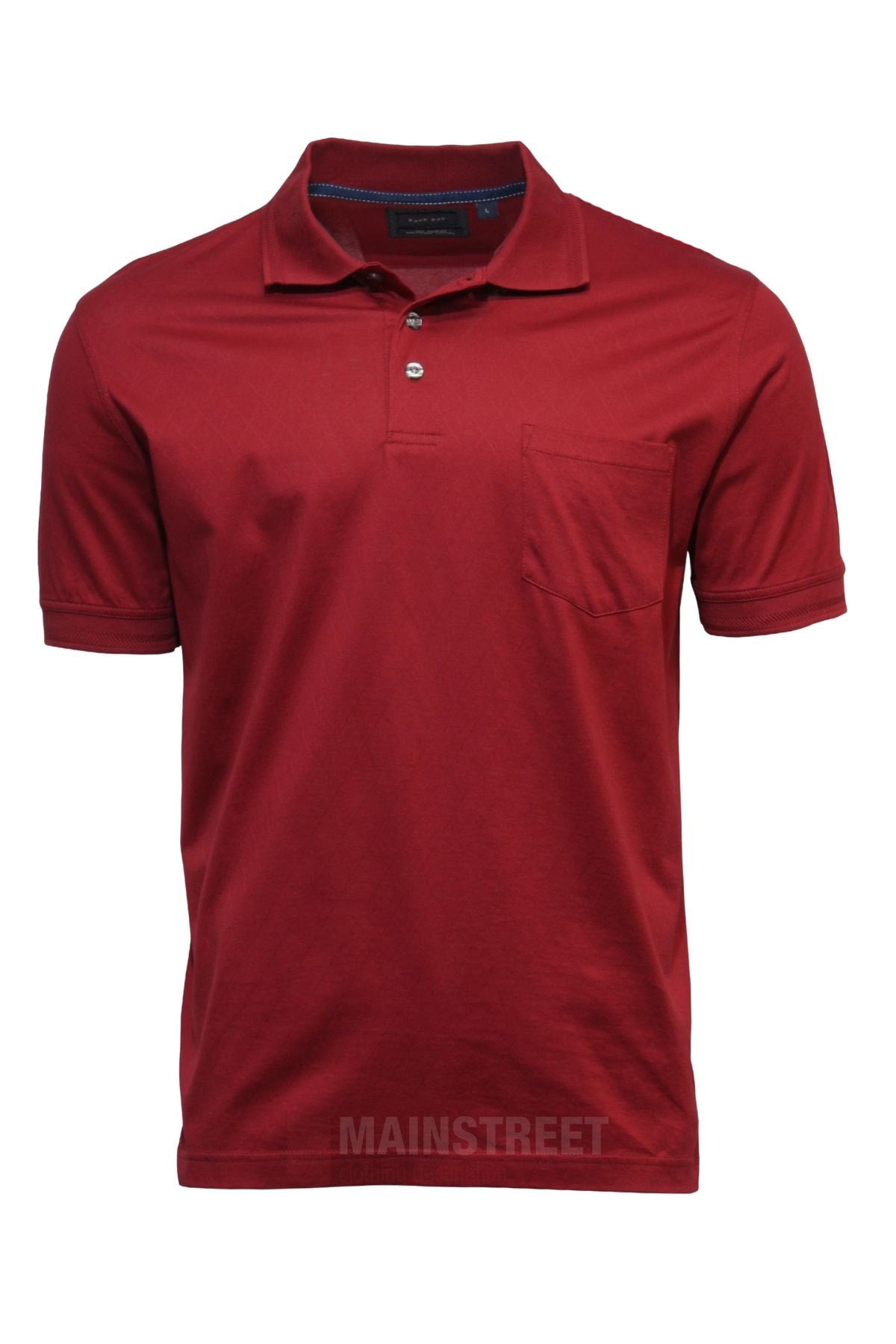 The Back Bay Mercerised Cotton Plain Polo in red features a rib knit collar, two buttons, and a left chest pocket, shown on a white background.