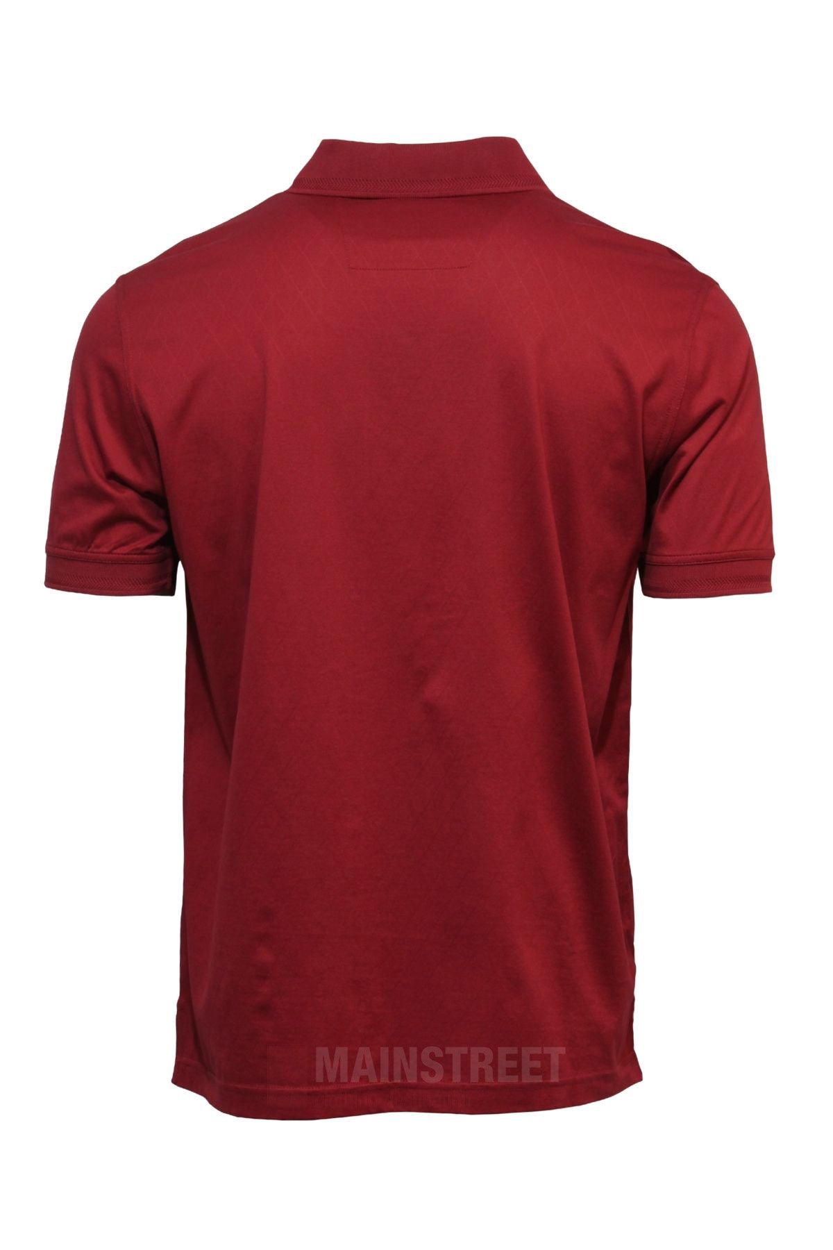 The Back Bay Mercerised Cotton Plain Polo is displayed from the back, showing its maroon color, rib knit collar, and ribbed sleeve cuffs. The subtle "MAINSTREET" text appears near the bottom hem.