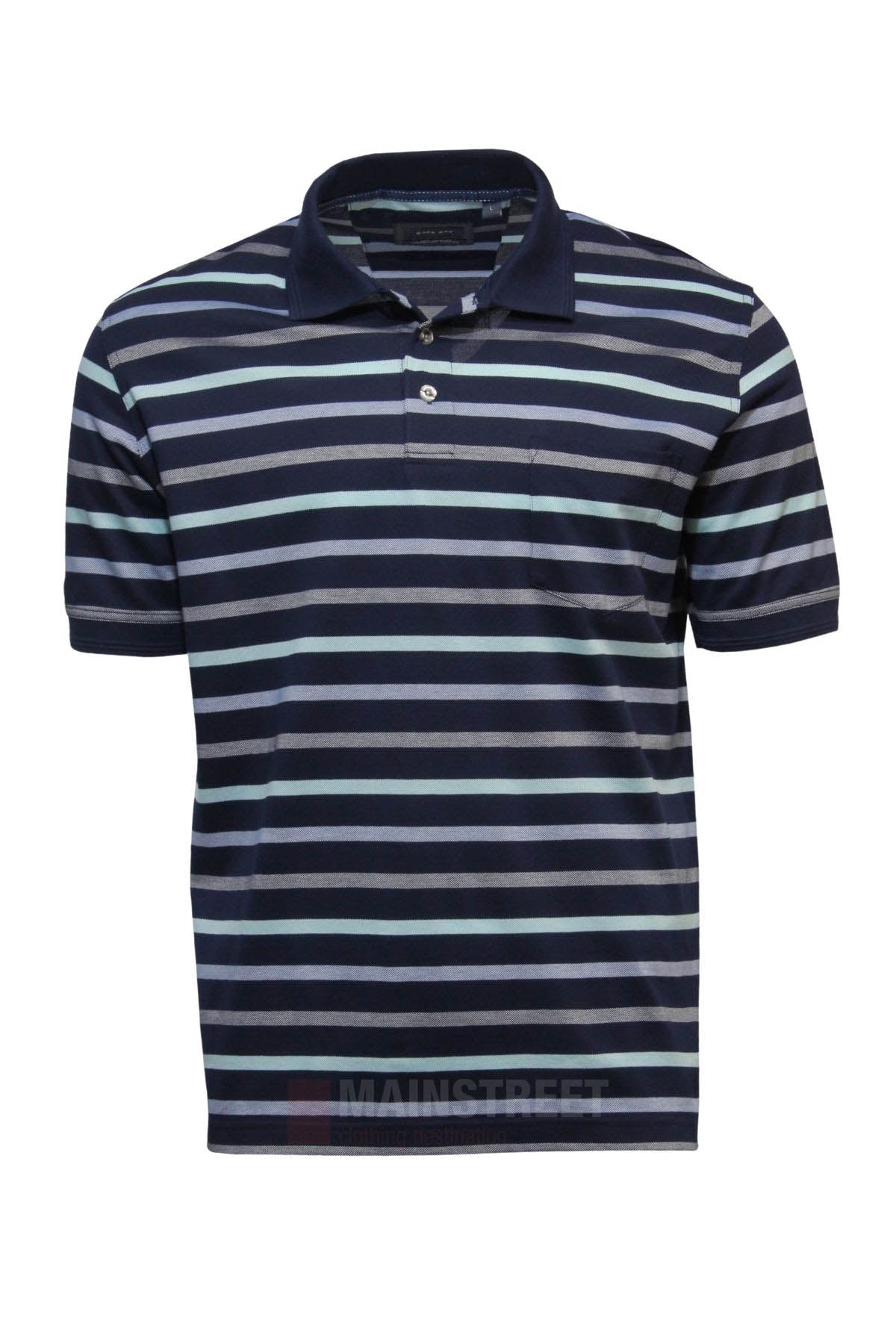 The Back Bay Mercerised Cotton Stripe Polo features navy blue mercerised cotton with horizontal stripes in white, light blue, and gray. Designed with a classic collar and button placket, it offers a clean look without visible logos or graphics.