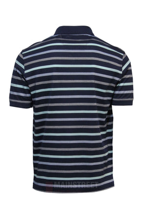 The Back Bay Mercerised Cotton Stripe Polo features navy blue, light blue, and white horizontal stripes, shown from the back against a plain white background. This classic mens polo adds timeless style to any wardrobe.
