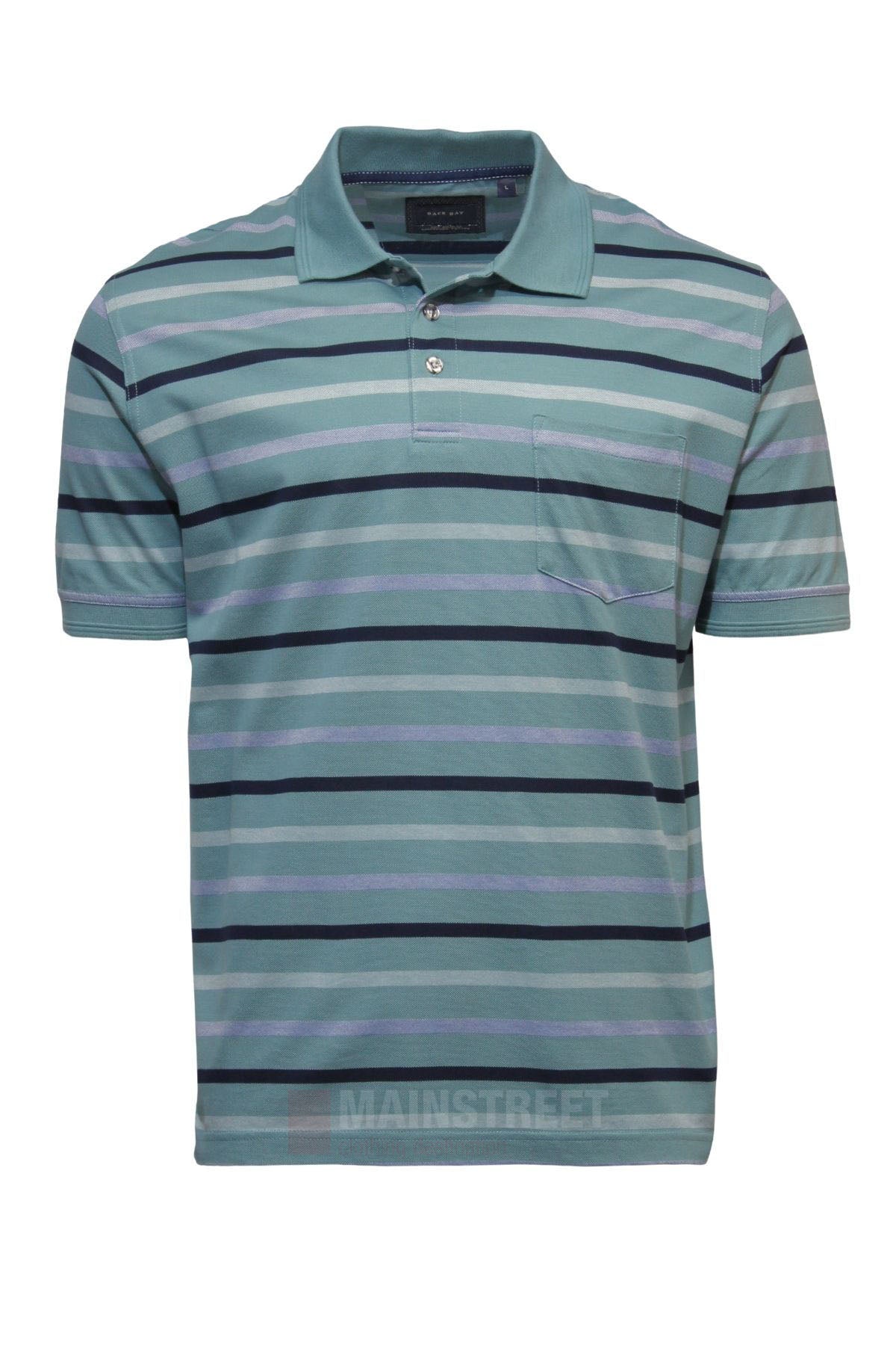 The Back Bay Mercerised Cotton Stripe Polo is a men's shirt made from soft mercerised cotton, featuring blue, teal, and gray horizontal stripes, a classic collar, button front, and a left chest pocket.