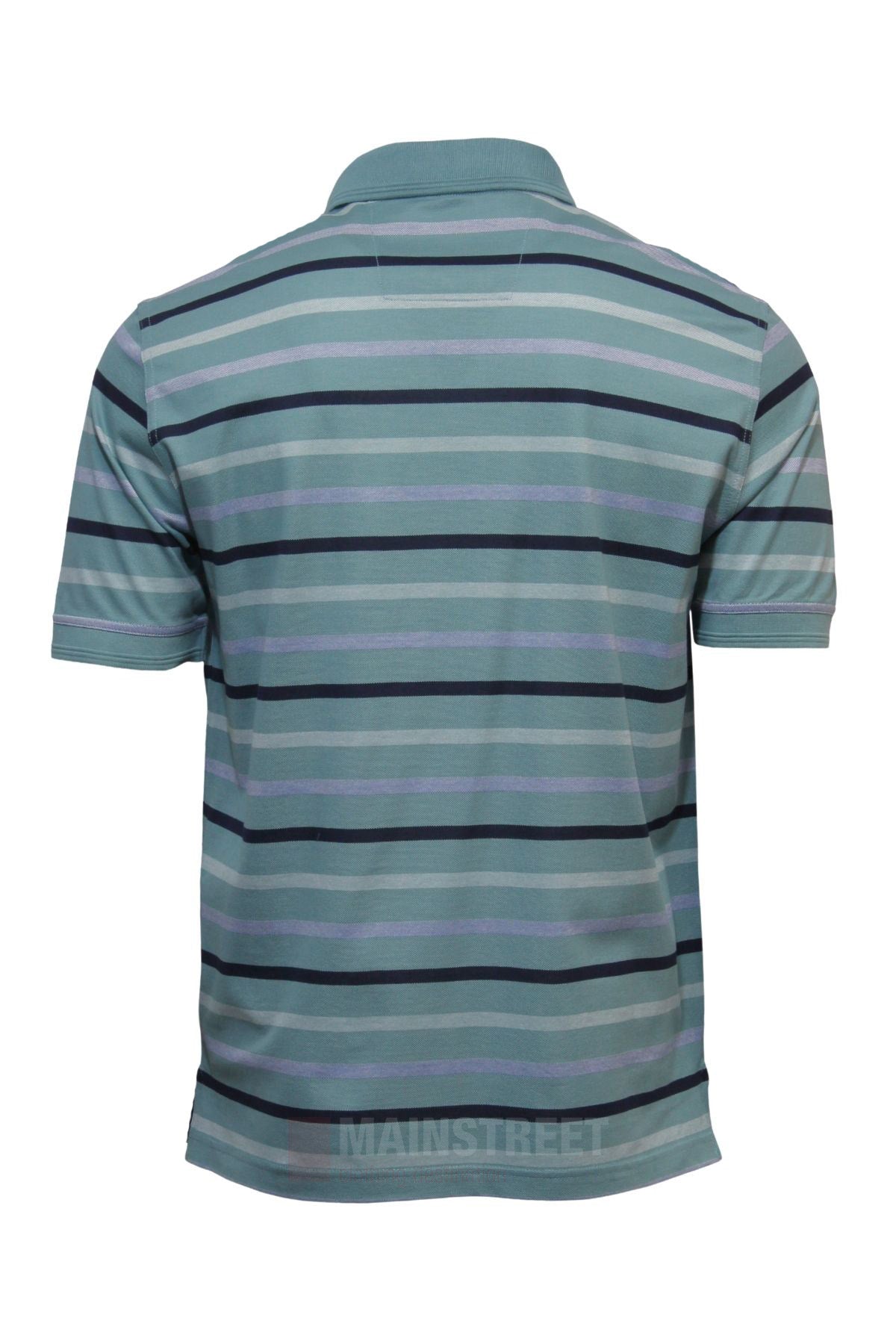 The Back Bay Mercerised Cotton Stripe Polo is a men's short-sleeved shirt shown from the back, featuring horizontal green, blue, and black stripes. It has a collar, relaxed fit, and is made from soft mercerised cotton.